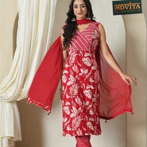 Red and White Floral Kurta Set pure cotton